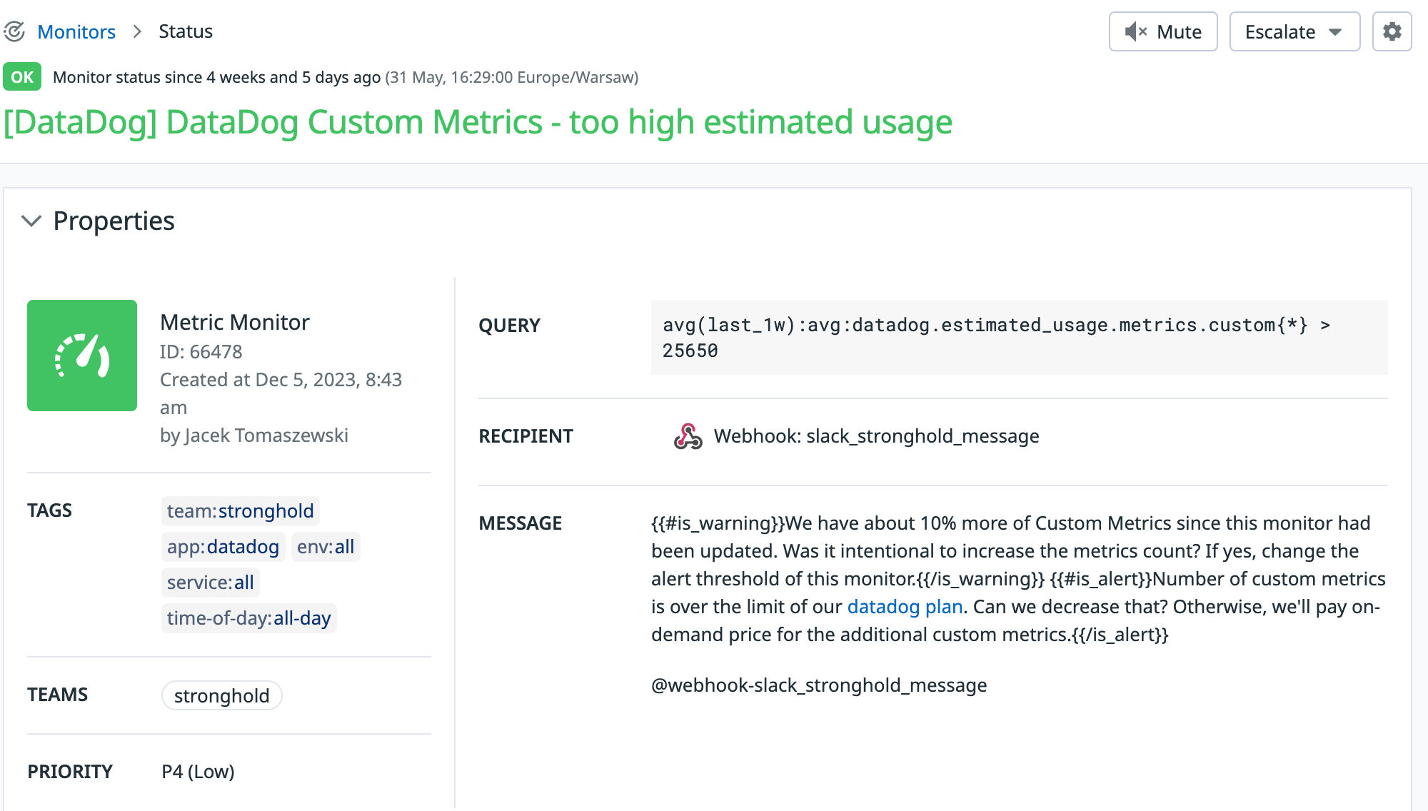 Example of a Datadog monitor