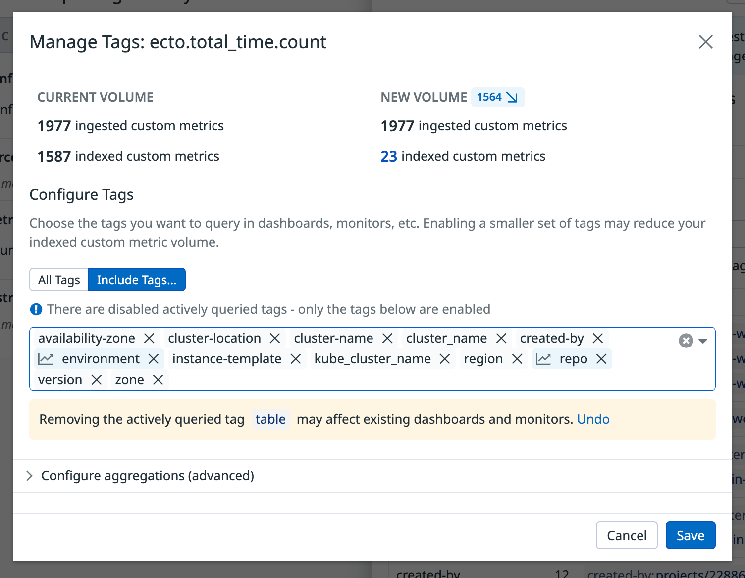 Example of a modal shown after clicking Manage Tags button in Metrics Summary.png